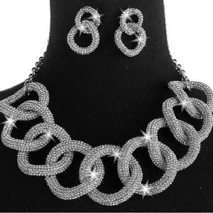 Silver statement Micro Pave Crystal Chunky curb Chain Link Necklace Earring Set